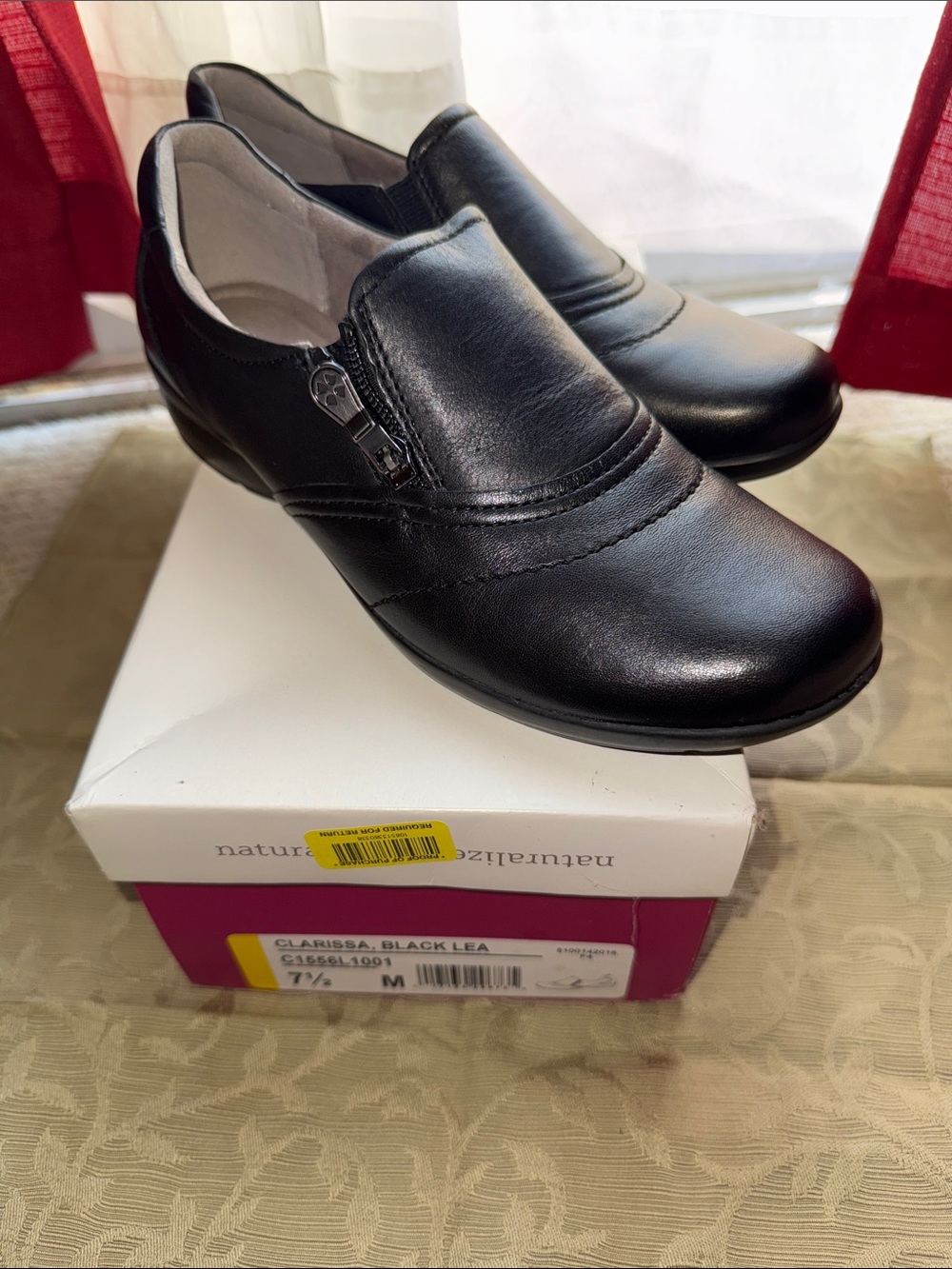 Naturalizer Black Leather Slip-On Loafers with Side Zip Accent
